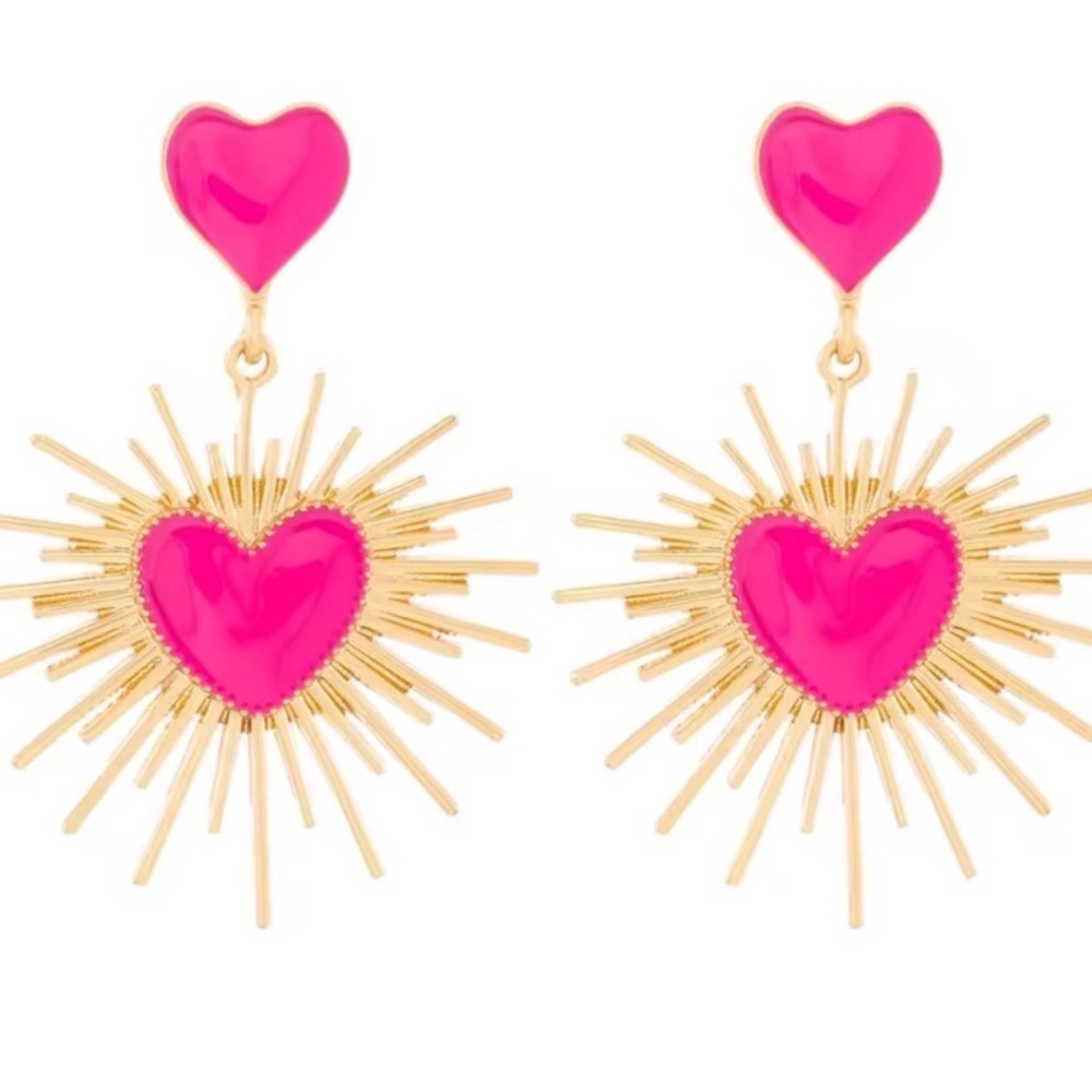Pink Heart Burst Statement Earrings | Gold Sunray Dangle | Bold Retro Jewelry